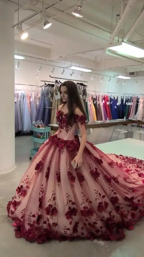 Boutique Ball Gown: Elegant Off-The-Shoulder Quinceanera Dress with Colorful Floral Details and Big Train