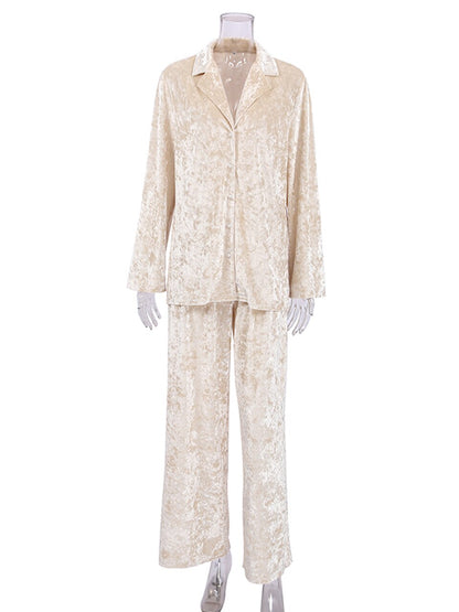 Women's Knitted Velvet Home Clothes - Beige 2-Piece Set for Casual Comfort