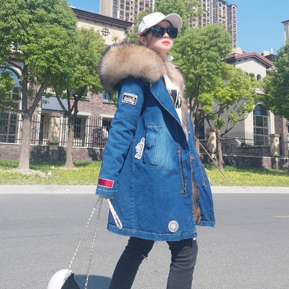 Luxury Raccoon Fur Casual Denim Jacket