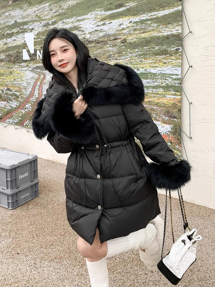 Luxurious Winter Fox Fur Collar Goose Down Jacket - Stylish and Warm Outerwear