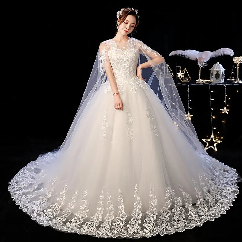 Stylish and Elegant Vintage Princess Wedding Dress with Lace Embroidery and Court Train – Plus Size Available