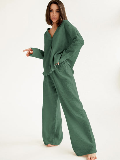 Khaki Pure Cotton Sleepwear - V Neck Wide Leg Pants Trouser Set