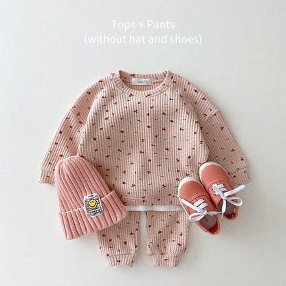 Toddler Waffle Cotton Fruit Print Sweatshirt and Pants Set - 2pcs Boys Suit or Baby Girl Outfit