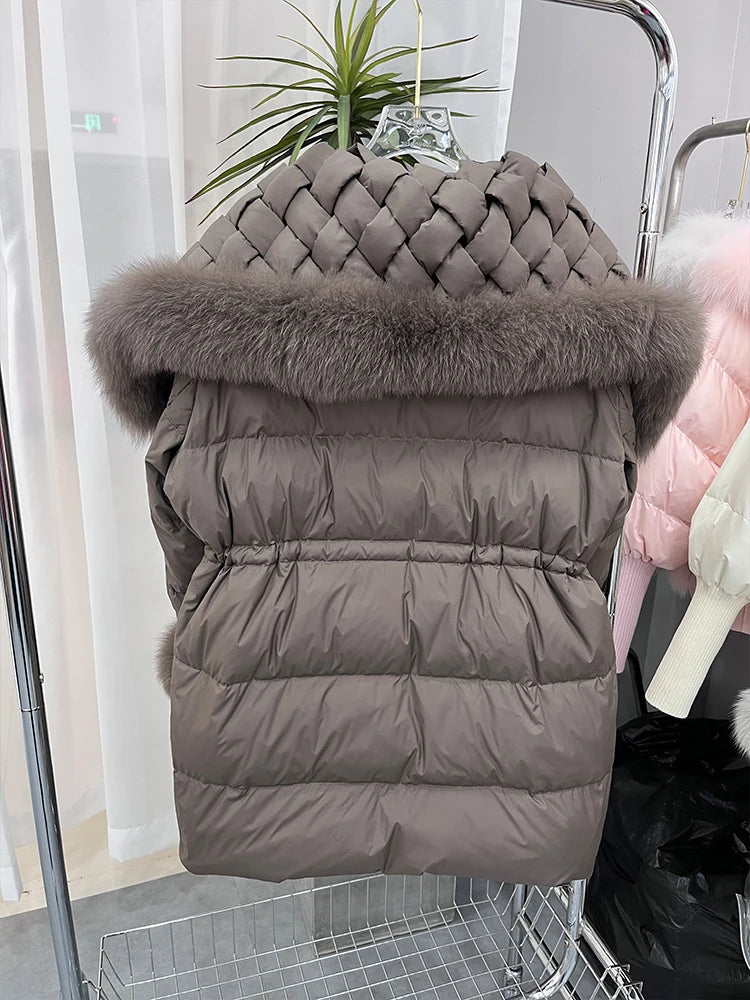 Luxurious Winter Fox Fur Collar Goose Down Jacket - Stylish and Warm Outerwear