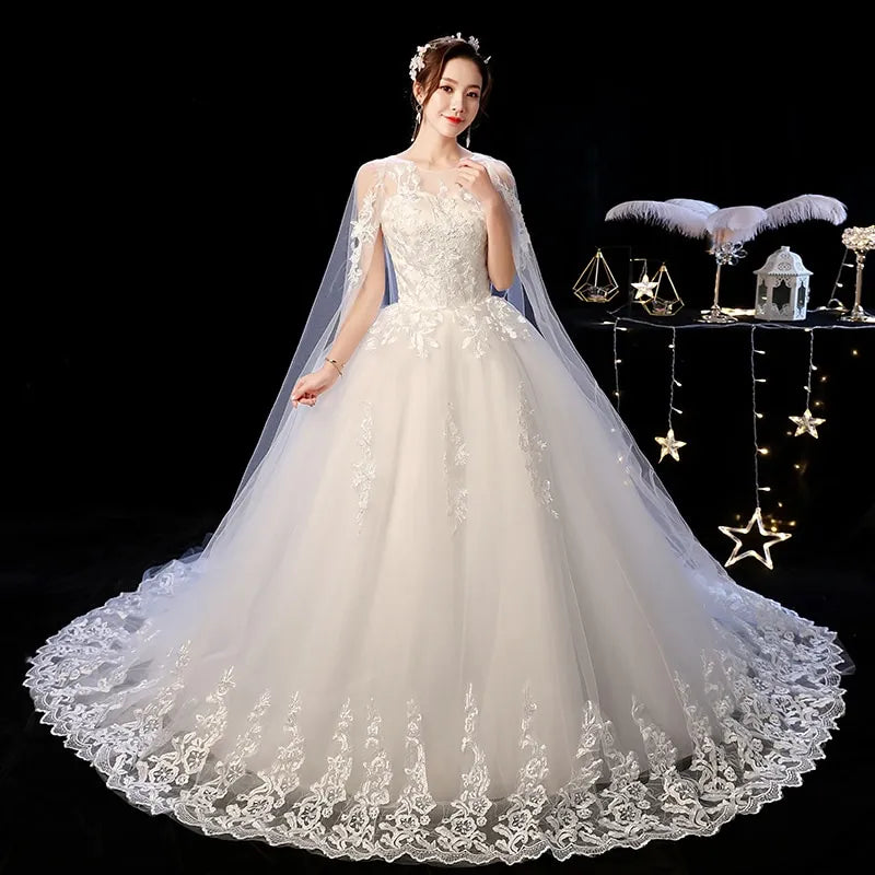 Stylish and Elegant Vintage Princess Wedding Dress with Lace Embroidery and Court Train – Plus Size Available