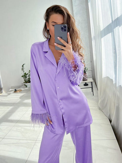 Women's Feather Pajama Set - Casual and Comfortable Sleepwear