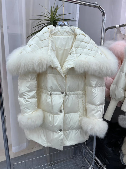 Luxurious Winter Fox Fur Collar Goose Down Jacket - Stylish and Warm Outerwear