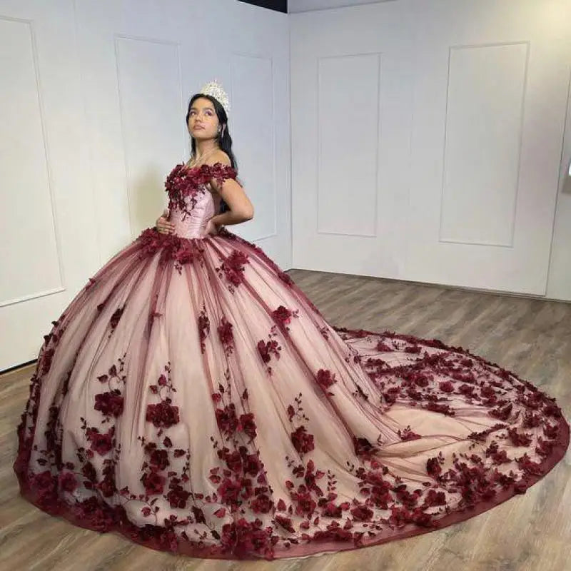 Boutique Ball Gown: Elegant Off-The-Shoulder Quinceanera Dress with Colorful Floral Details and Big Train