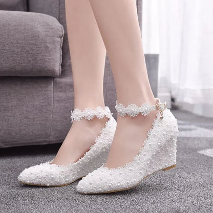 Women’s Lace Buckle Strap Pointed Toe Wedge Pumps – 8CM High Heels