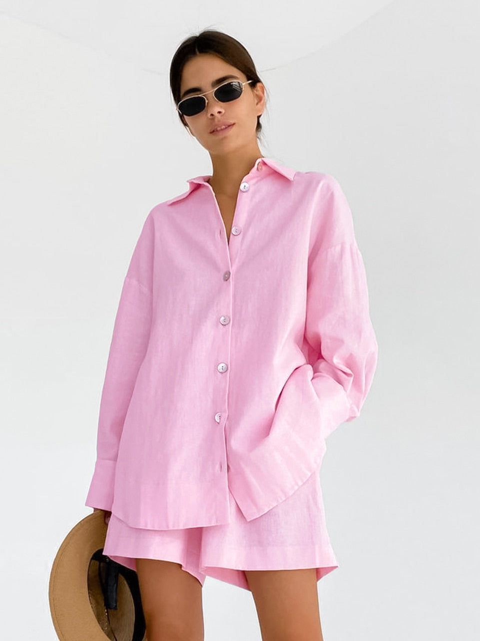 Women's Casual 2-Piece Sleepwear Set - Pink Long Sleeve Home Clothes with Shorts