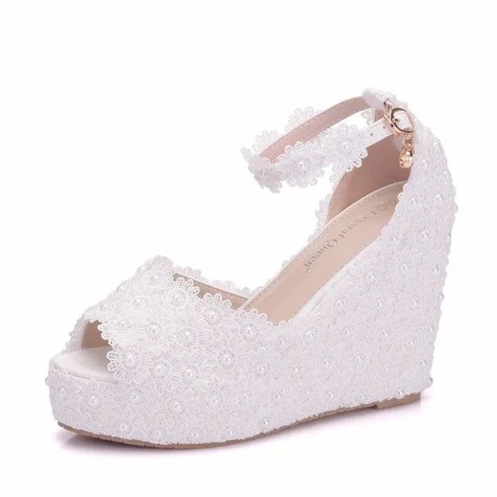 Women’s Lace Pointed Toe Wedding Shoes – 11CM High Heel Wedges