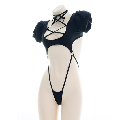 Women's Puff Sleeve Black One-Piece Swimsuit - Anime Cosplay Costume