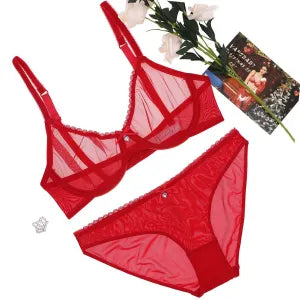 Sexy Grote Rode See-Through Garen Lingerie Set with Strass Boog Transparante Bh En Panty Plus Size Set