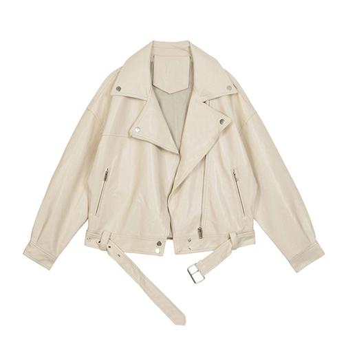 Jacket Pu Leather With Belt Solid Color Loose Casual BF Style Outwear