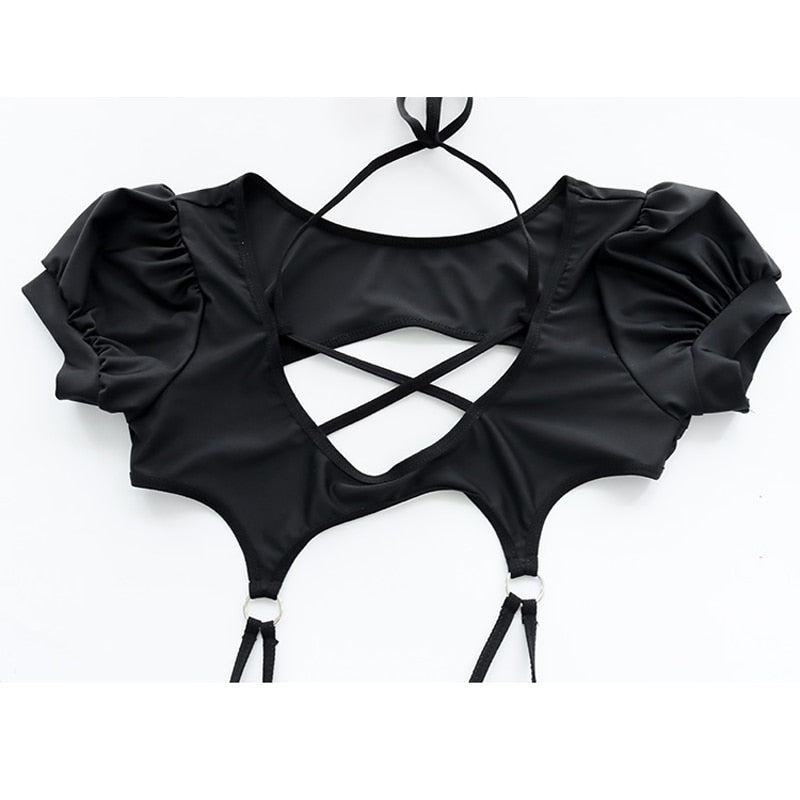 Women's Puff Sleeve Black One-Piece Swimsuit - Anime Cosplay Costume