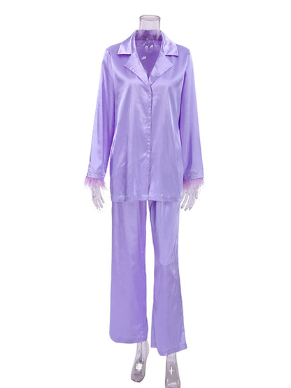 Women's Feather Pajama Set - Casual and Comfortable Sleepwear