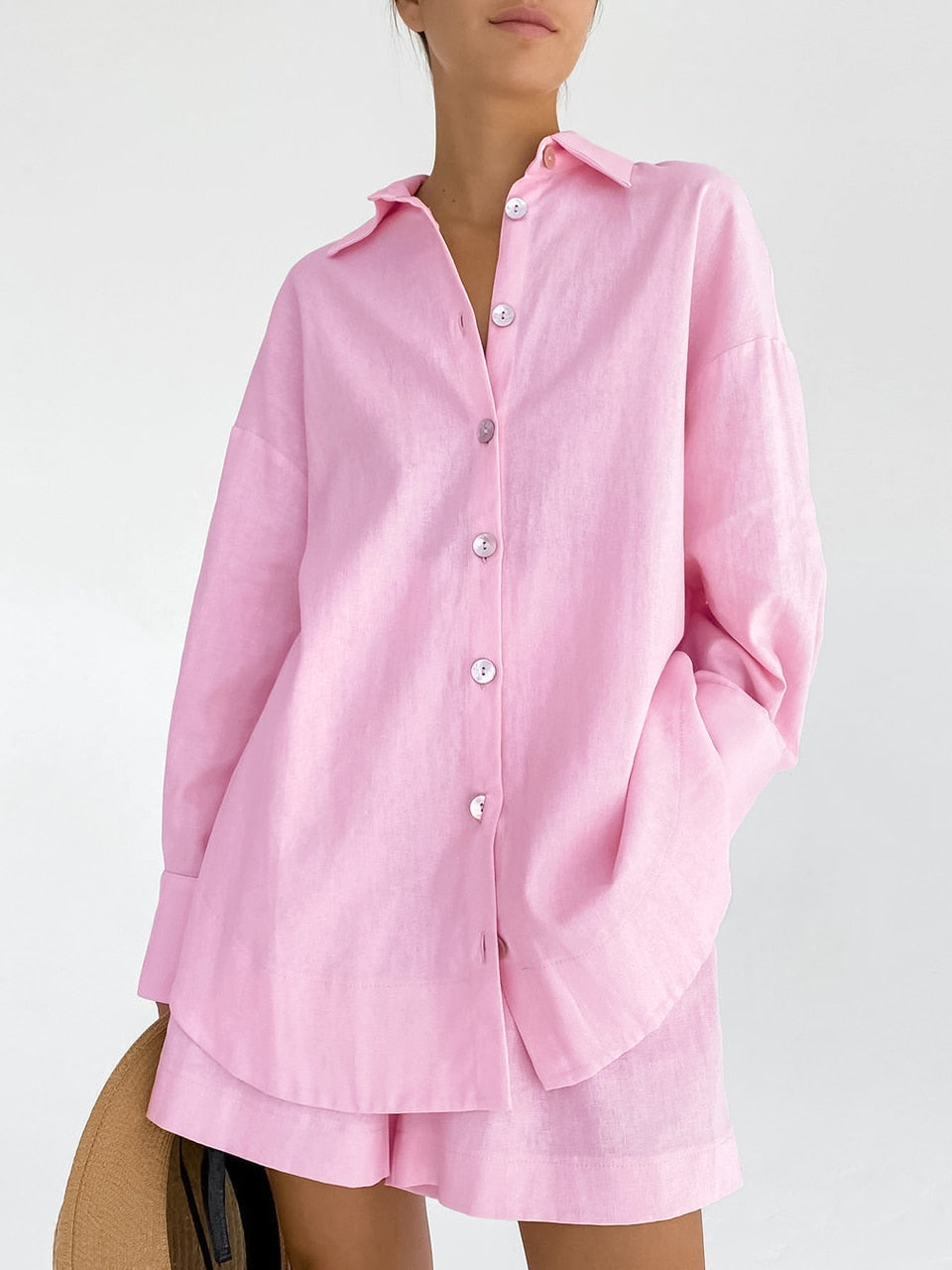 Women's Casual 2-Piece Sleepwear Set - Pink Long Sleeve Home Clothes with Shorts