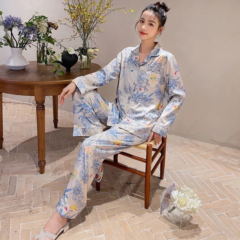 Ulady Women's Spring Printed Pajama Set - Stylish Ice Silk Sleepwear Suit