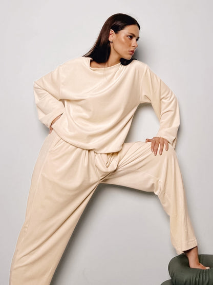 Women's Casual Knitted Pajama Set - Apricot 2-Piece Sleepwear for Winter