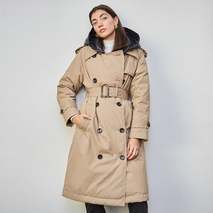 Coat British Down Trench Hooded Long and Warm Puffer Feather Parka Mujer