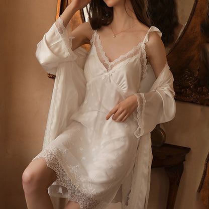 Nightgown 2 Piece Silk Embroidery Lace Bath Gown Robe With Belt