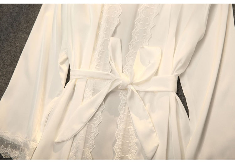 Nightgown 2 Piece Silk Embroidery Lace Bath Gown Robe With Belt