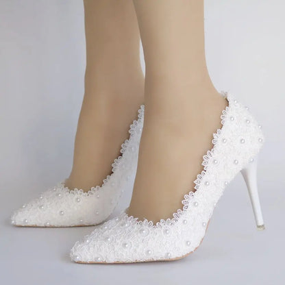 Crystal Queen Women Super High Heel Wedding Shoes Pumps 9cm Sweet Sexy Party Dress Shoes Lady White Lace Platform Thin Heels