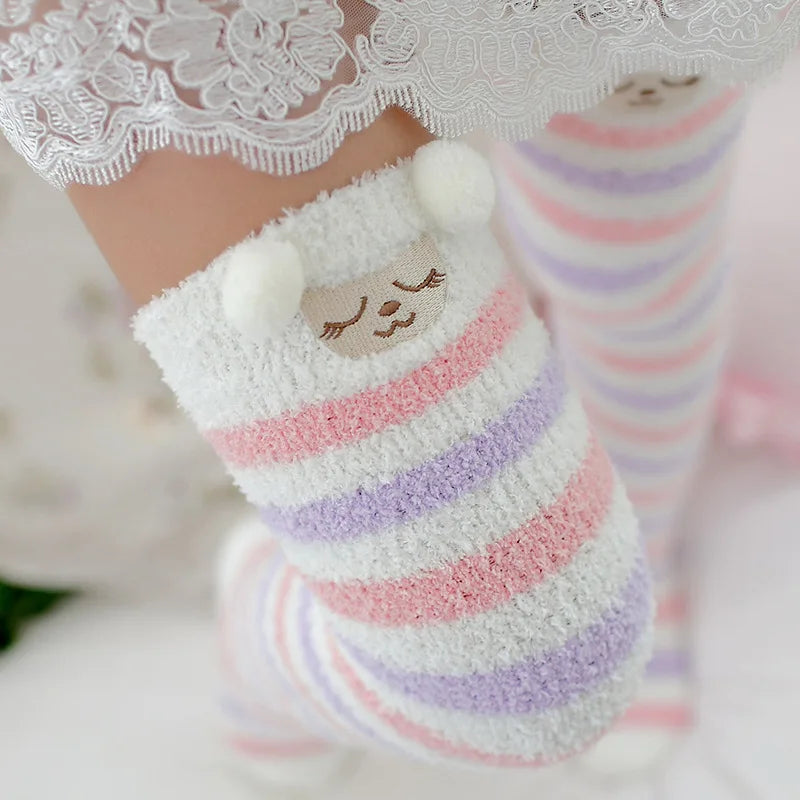 Japanese Mori Girl Animal Modeling Knee Socks Striped Cute Lovely Kawaii Cozy Long Thigh High Socks Compression Winter Warm Sock