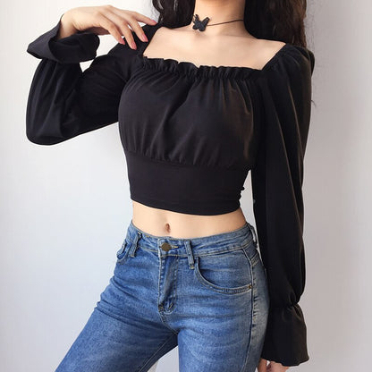 Blouse Belt Crop Tops Long Puff Square Collar Lace Up