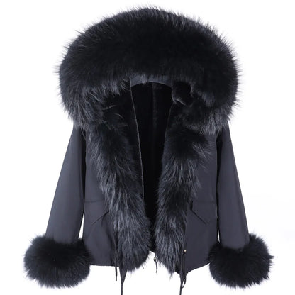 2023 Short Parka Winter Jacket Women Wram Faux Fur Coat Natural Raccoon Fox Fur Outerwear Streetwear Removable