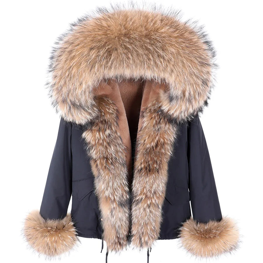 2023 Short Parka Winter Jacket Women Wram Faux Fur Coat Natural Raccoon Fox Fur Outerwear Streetwear Removable