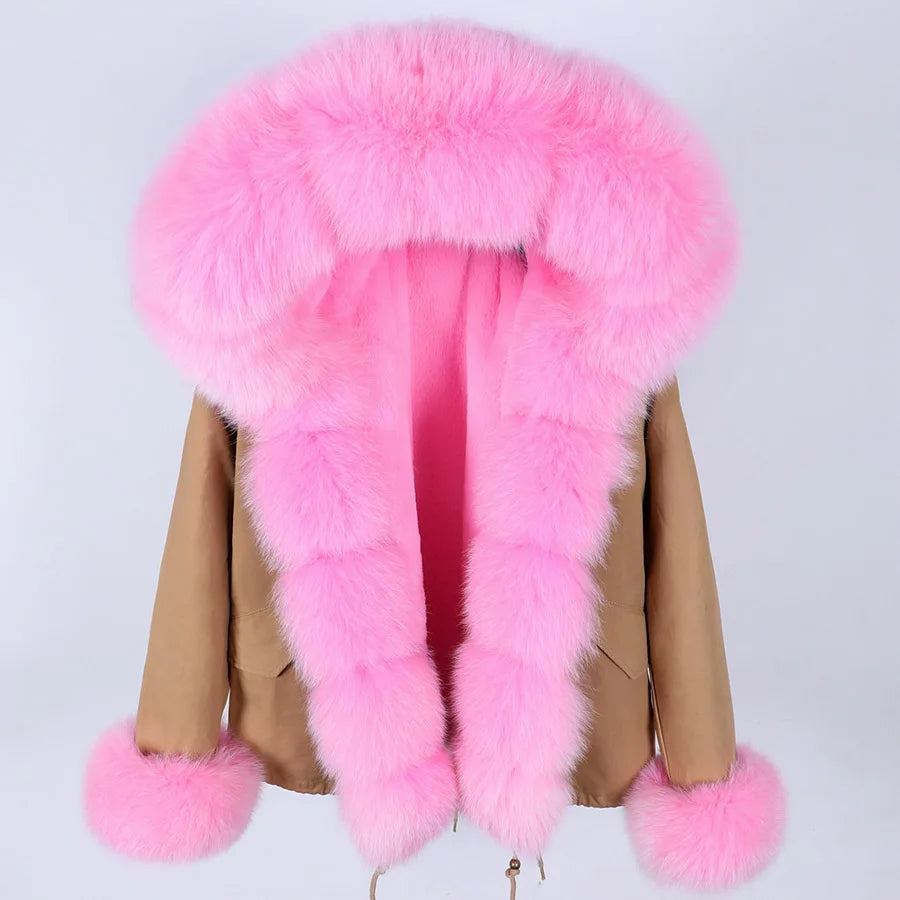 2023 Short Parka Winter Jacket Women Wram Faux Fur Coat Natural Raccoon Fox Fur Outerwear Streetwear Removable