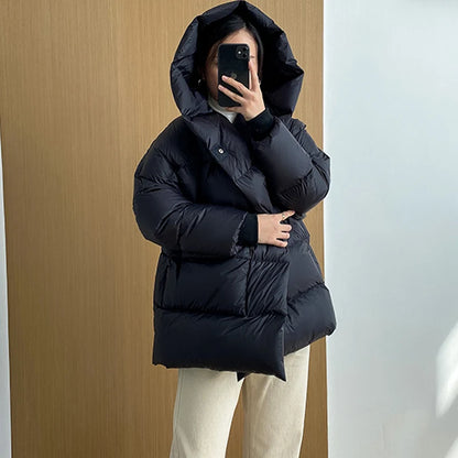 Janveny Winter Down Coat Women 2024 Thick 90% White Duck Down Jacket Short Soft Solid Color Loose Plus Size Hooded Female Parkas