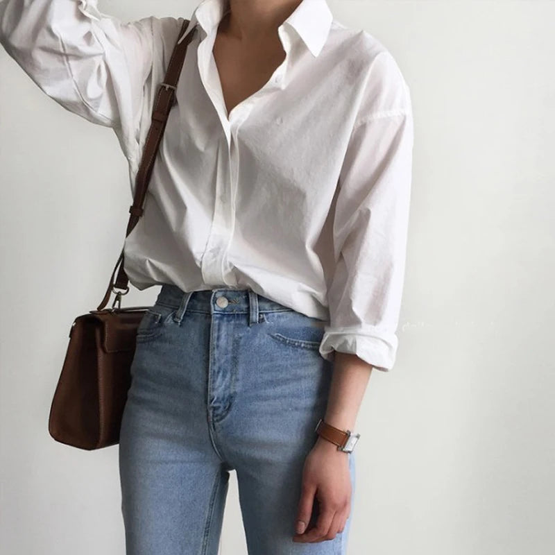 BGTEEVER Office Ladies White Shirts Blouses Women Spring Turn-down Collar Single-breasted Long Sleeve Shirts Female Tops Blusas