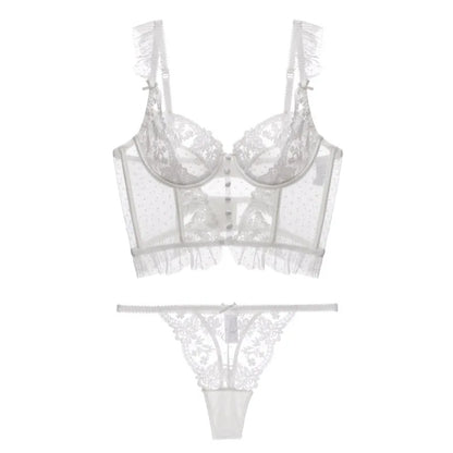 French Sexy Underwear 3 Piece Set Gathering Bra and String Garter Suit Transparent Bra Set Back Wave Yarn Embroider Lace Lingeri