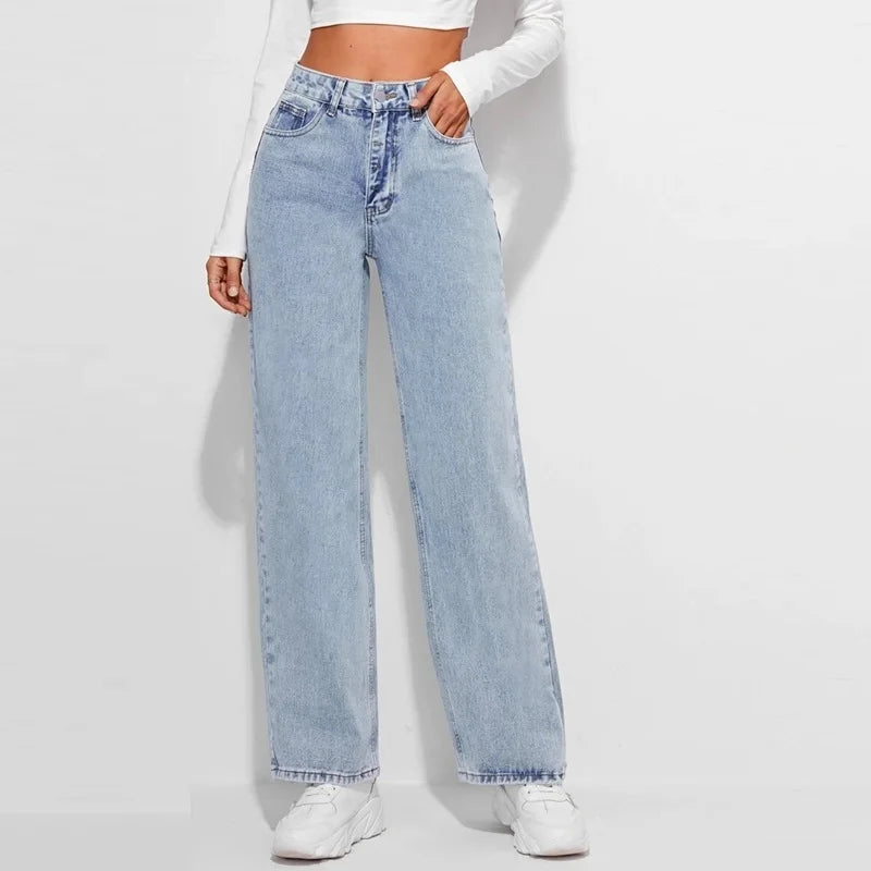 Tangada 2021 Fashion Women Loose Blue Wide Leg Jeans Pants Long Trousers Pockets Buttons Female Pants JE164