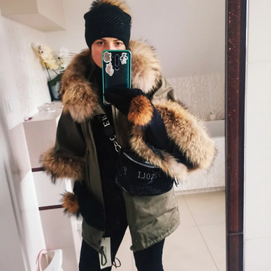 Autumn New Natural Real Raccoon Fur Collar Parkas Casual Coat Flared Sleeve Cloak Cotton Jacket Women's Clothing Woman Fur Coat