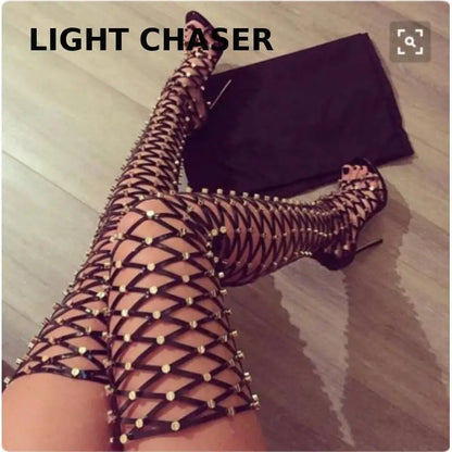 summer Boots New Full Rhinestone Mesh Women Thigh High Over The Knee Sandals Stage Catwalk Shoes Zapatos Transparentes De Mujer