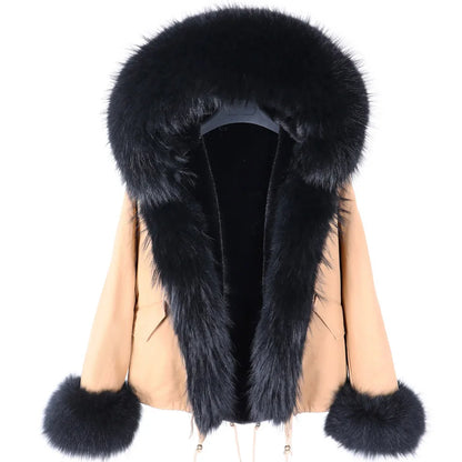 2023 Short Parka Winter Jacket Women Wram Faux Fur Coat Natural Raccoon Fox Fur Outerwear Streetwear Removable