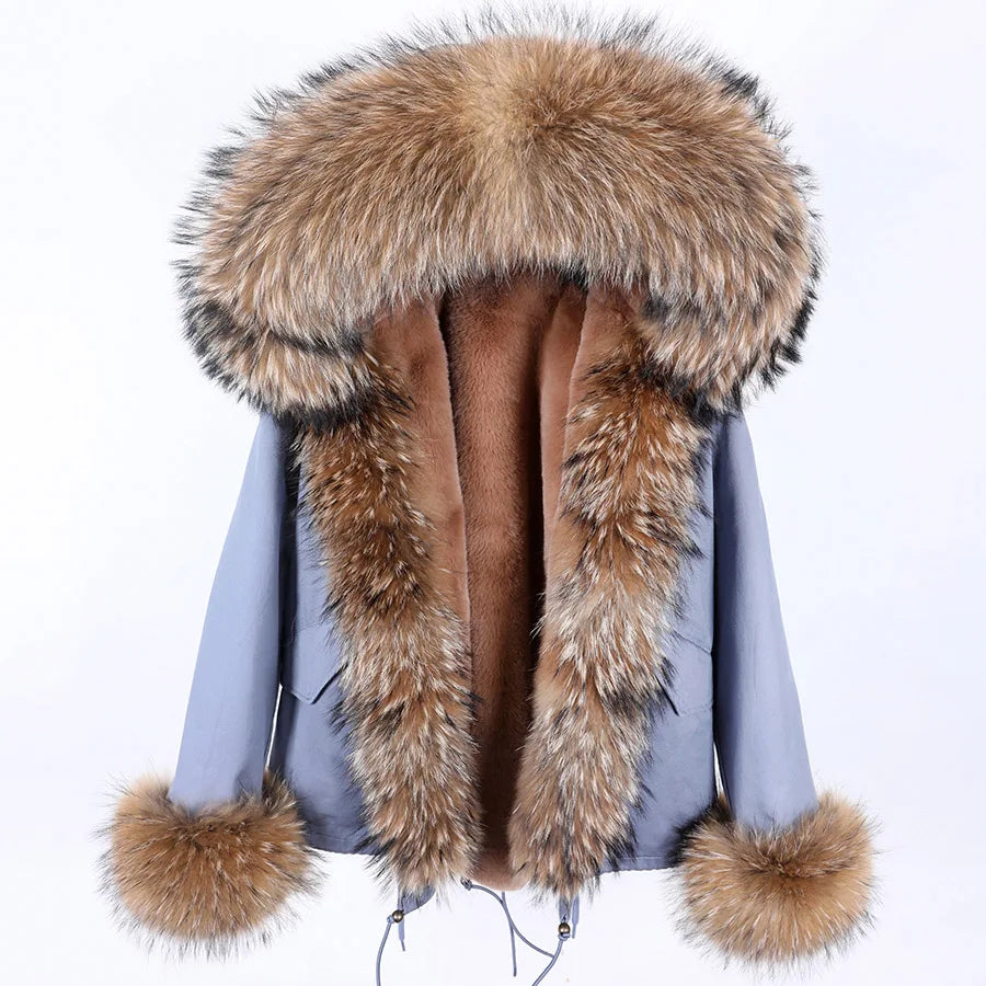 2023 Short Parka Winter Jacket Women Wram Faux Fur Coat Natural Raccoon Fox Fur Outerwear Streetwear Removable