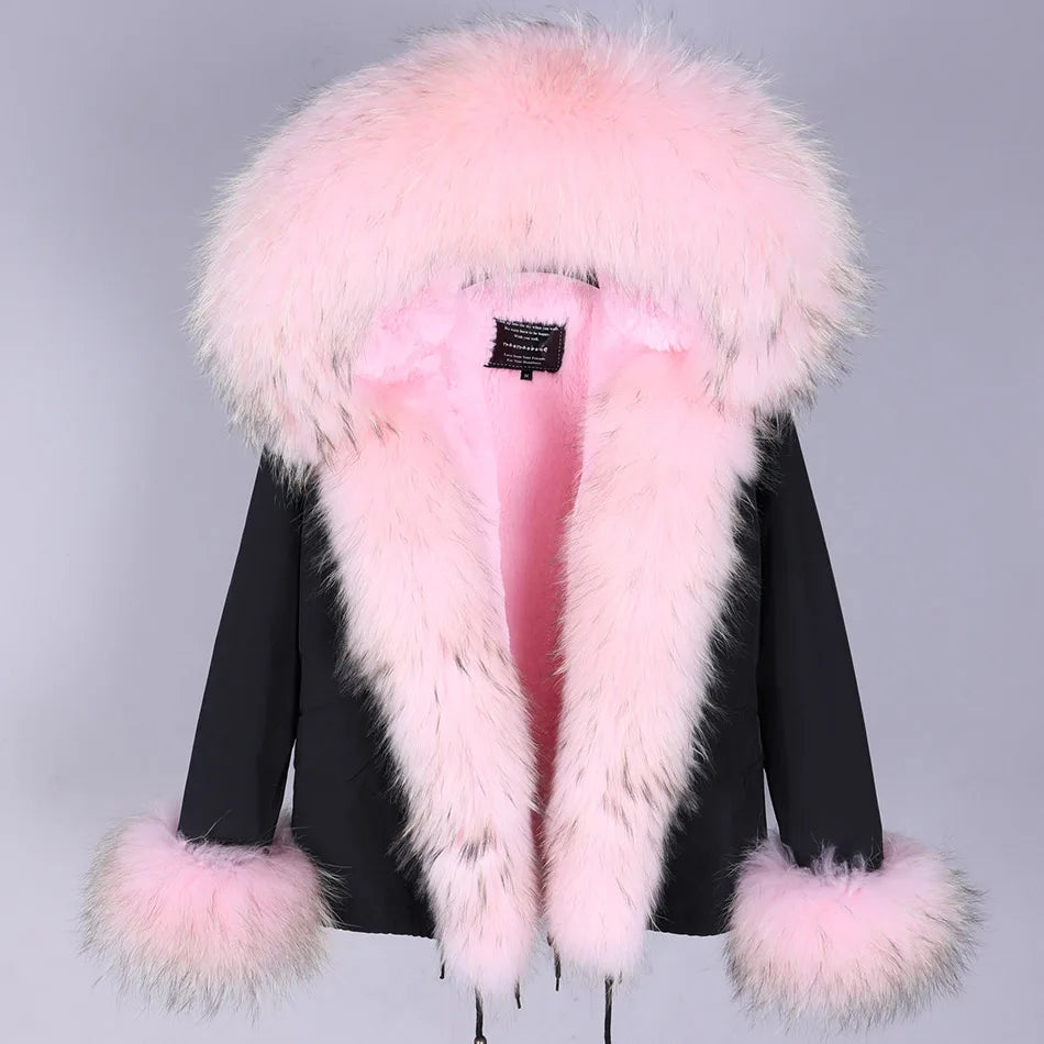 2023 Short Parka Winter Jacket Women Wram Faux Fur Coat Natural Raccoon Fox Fur Outerwear Streetwear Removable