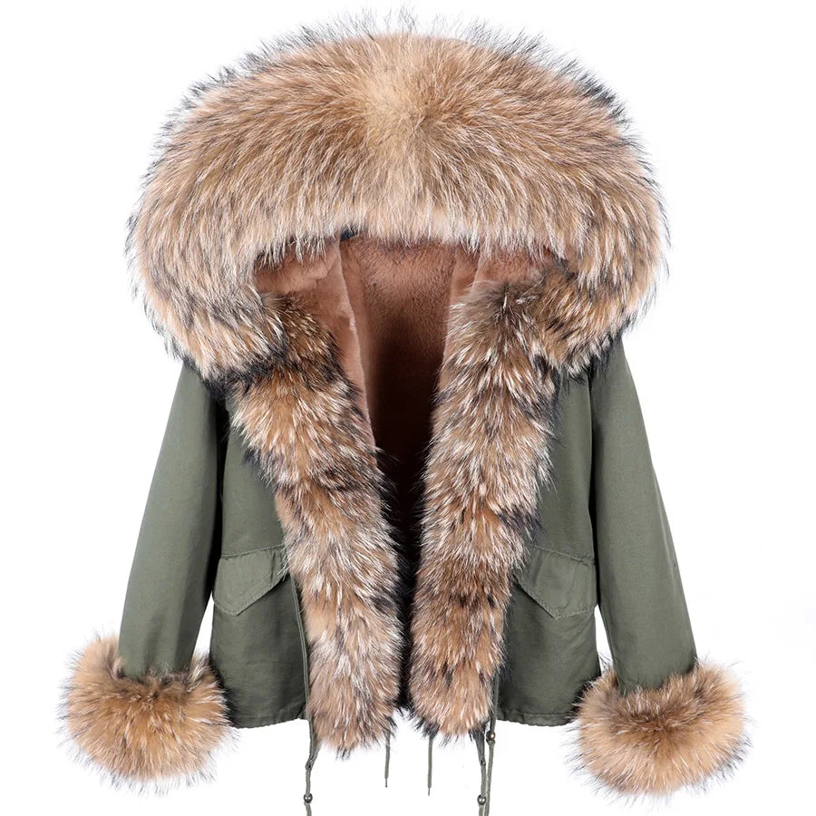 2023 Short Parka Winter Jacket Women Wram Faux Fur Coat Natural Raccoon Fox Fur Outerwear Streetwear Removable