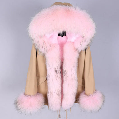 2023 Short Parka Winter Jacket Women Wram Faux Fur Coat Natural Raccoon Fox Fur Outerwear Streetwear Removable