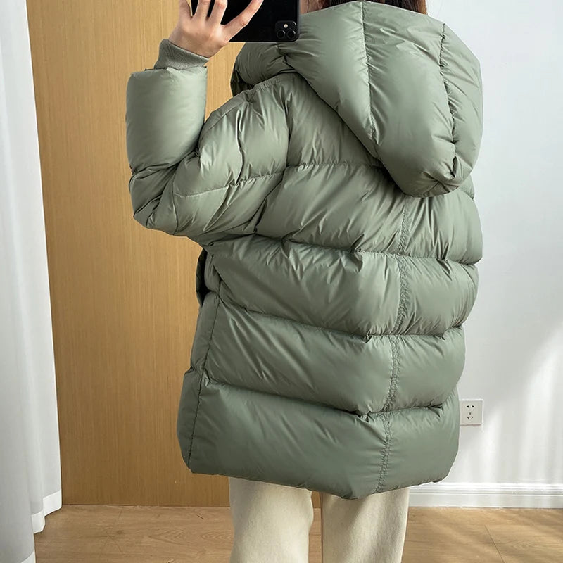 Janveny Winter Down Coat Women 2024 Thick 90% White Duck Down Jacket Short Soft Solid Color Loose Plus Size Hooded Female Parkas