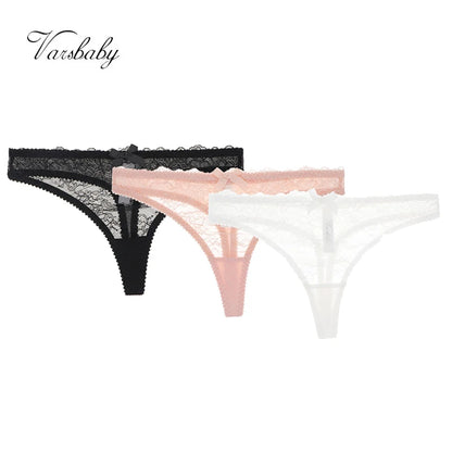 Varsbaby sexy floral lace thong transparent bow underwear low-waist S-XL panties for ladies