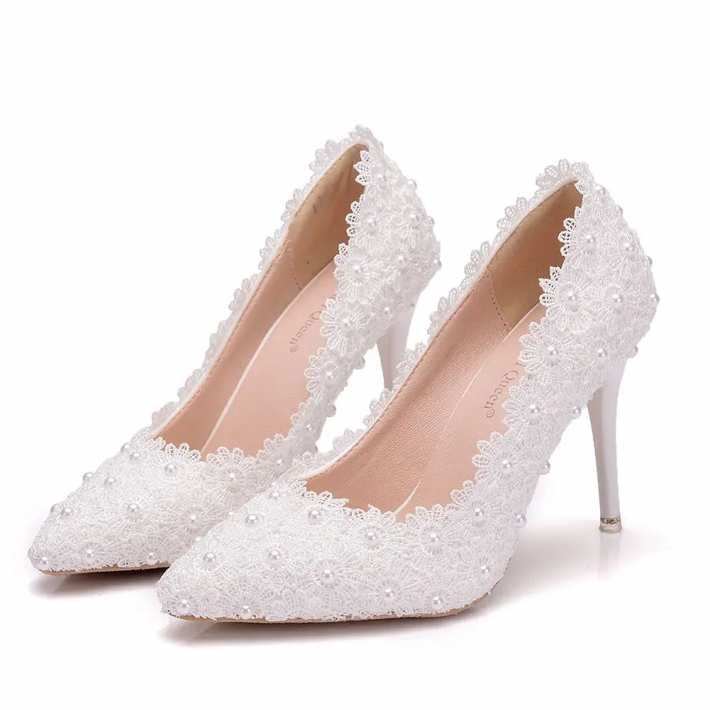 Crystal Queen Women Super High Heel Wedding Shoes Pumps 9cm Sweet Sexy Party Dress Shoes Lady White Lace Platform Thin Heels