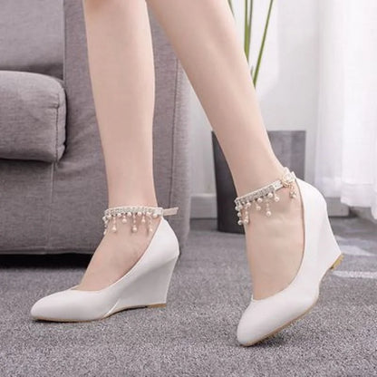 Spring new wedge high heels large size banquet dress bridal wedding shoes pearl shallow mouth large size women's single shoe