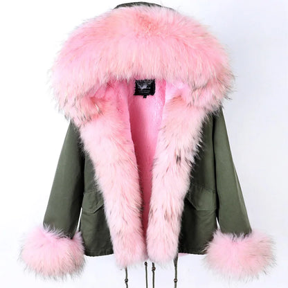 2023 Short Parka Winter Jacket Women Wram Faux Fur Coat Natural Raccoon Fox Fur Outerwear Streetwear Removable