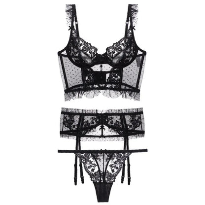 French Sexy Underwear 3 Piece Set Gathering Bra and String Garter Suit Transparent Bra Set Back Wave Yarn Embroider Lace Lingeri