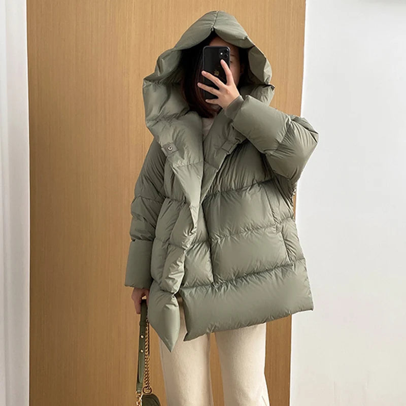 Janveny Winter Down Coat Women 2024 Thick 90% White Duck Down Jacket Short Soft Solid Color Loose Plus Size Hooded Female Parkas